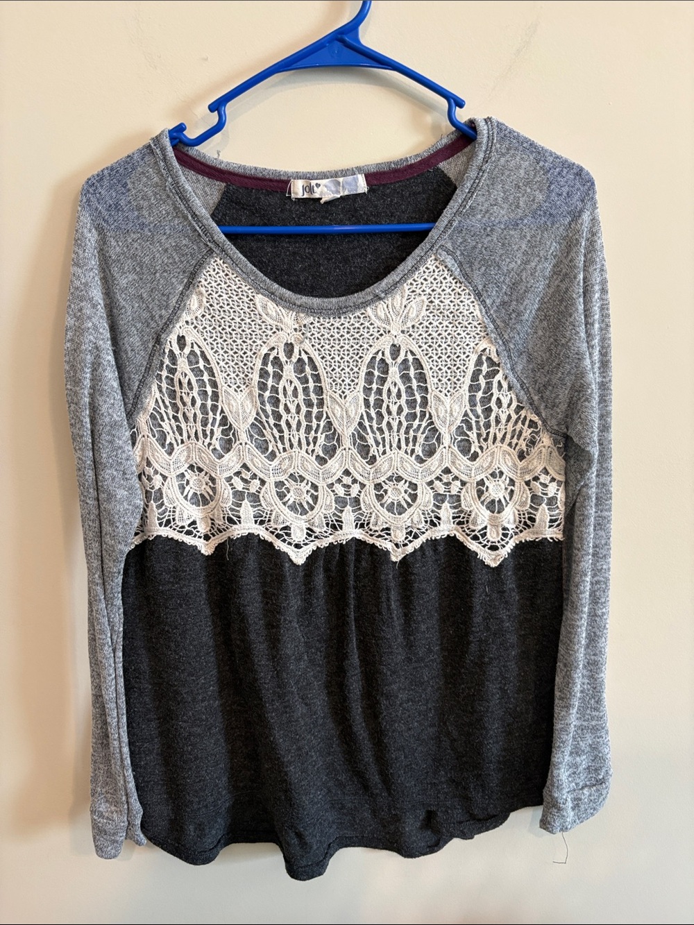 Jolt Gray & Black Long Sleeve Top with Cream Lace Inset
